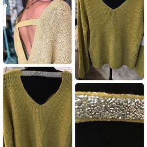 89th Madison! Back and front deep V oversized sleeve bling back sweater